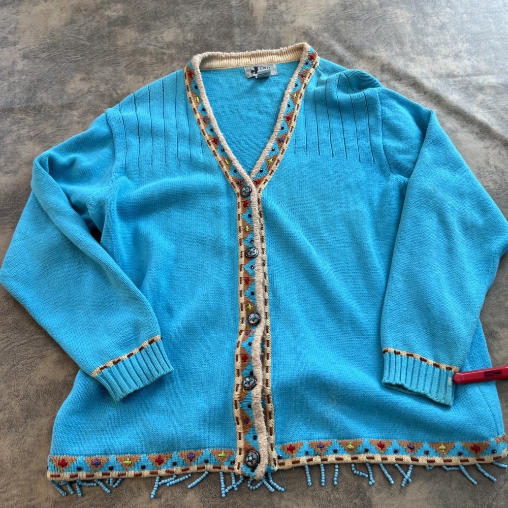 VTG Cardigan Sweater Women's XL Turquoise Southwestern Aztec Bead Fringe *FLAWS*